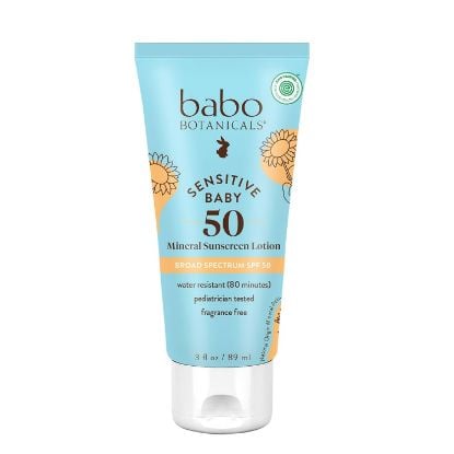 Picture of Babo Botanicals Sensitive Baby Mineral Sunscreen Lotion SPF50 - Natural Zinc Oxide - Face & Body - Fragrance-Free - Water-Resistant - EWG Verified - Vegan - Extra Sensitive Skin - For Babies & Kids