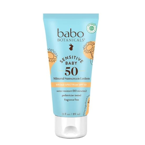 Picture of Babo Botanicals Sensitive Baby Mineral Sunscreen Lotion SPF50 - Natural Zinc Oxide - Face & Body - Fragrance-Free - Water-Resistant - EWG Verified - Vegan - Extra Sensitive Skin - For Babies & Kids