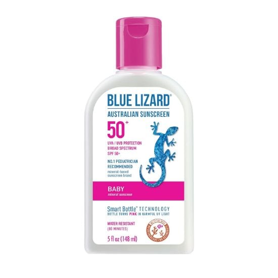 Picture of Blue Lizard Baby Mineral Sunscreen with Zinc Oxide, Water Resistant, UVA/UVB Protection with Smart Technology - Fragrance Free, Unscented, SPF 50 - 5 Fl Oz - Bottle