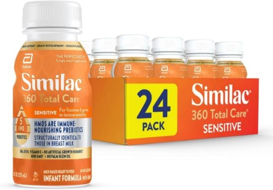 Picture of Similac 360 Total Care Sensitive Infant Formula for Fussiness & Gas Due to Lactose Sensitivity, Has 5 HMO Prebiotics, Non-GMO, ‡ Baby Formula, Ready to Feed, 8-fl-oz Bottle, Pack of 24