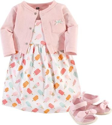 Picture of Hudson Baby baby-girls Cotton Dress, Cardigan and Shoe Set