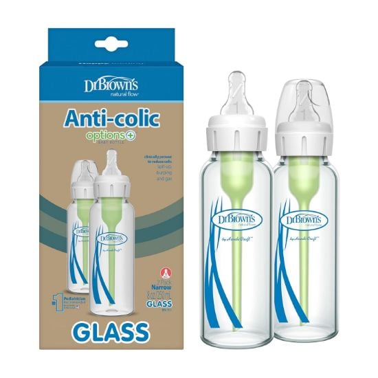 Picture of Dr. Brown's Natural Flow Anti-Colic Options+ Narrow Glass Baby Bottle 8 oz/250 mL, with Level 1 Slow Flow Nipple, 2 Pack, 0m+