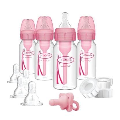 Picture of Dr. Brown's Anti-Colic Baby Feeding Set with Slow Flow Nipples, Travel Caps, Silicone Pacifier - Pink