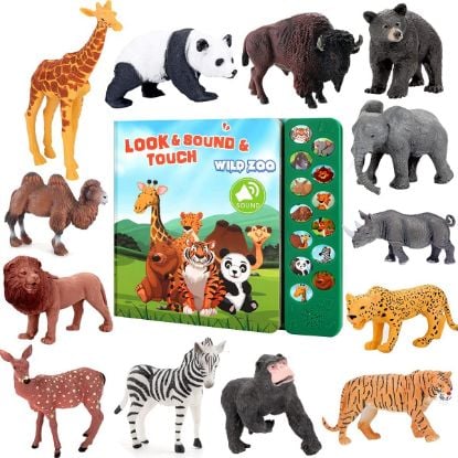 Picture of Tudoccy Safari Animals Figures Toys - 13 Realistic Wild Plastic Animal Figurines & Kids Sound Book - Educational Learning Toys Gift for 3 Years Old & Up Boys Girls Toddlers