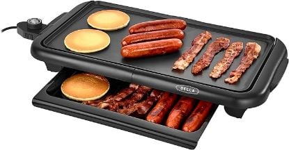 Picture of BELLA Electric Griddle with Warming Tray - Smokeless Indoor Grill, Nonstick Surface, Adjustable Temperature & Cool-touch Handles, 10" x 18", Copper/Black