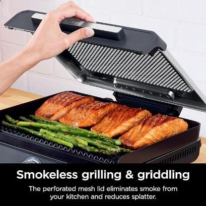 Picture of Ninja GR101 Sizzle Smokeless Indoor Grill & Griddle, 14'' Interchangeable Nonstick Plates, Dishwasher-Safe Removable Mesh Lid, 500F Max Heat, Even Edge-to-Edge Cooking, Grey/Silver