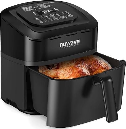 Picture of Nuwave Brio 10-in-1 Air Fryer 7.25Qt with Patented Linear T Thermal Technology for Crisping, Roasting, Dehydrating, and Reheating Non-Stick, Dishwasher Safe Basket, and App with 100+ Recipes - Black