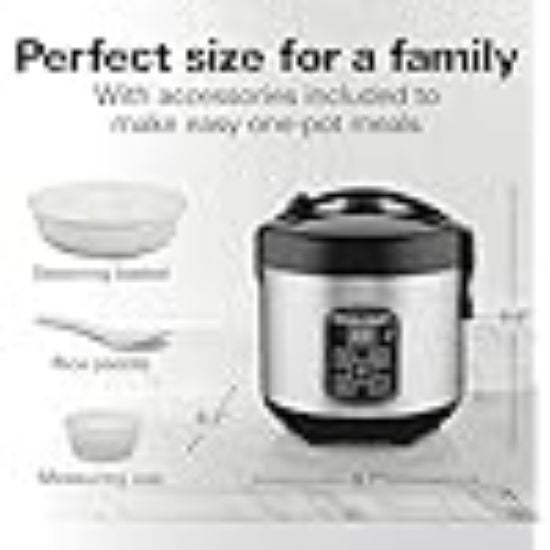 Picture of Hamilton Beach Digital Programmable Rice Cooker & Food Steamer, 8 Cups Cooked (4 Uncooked), With Steam & Rinse Basket, Stainless Steel (37518)