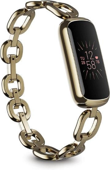 Picture of Fitbit Luxe Special Edition Fitness and Wellness Tracker, Gorjana Soft Gold Stainless Steel Parker Link Bracelet, One Size (S & L Peony Classic Bands Included)