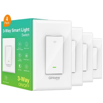 Picture of GHome Smart Switch, 3 Way Wi-Fi Light Switch Compatible with Alexa and Google Home, 2.4GHz Schedule Timer, Neutral Wire Required, 3-Way Installation, FCC Listed (4-Pack),White