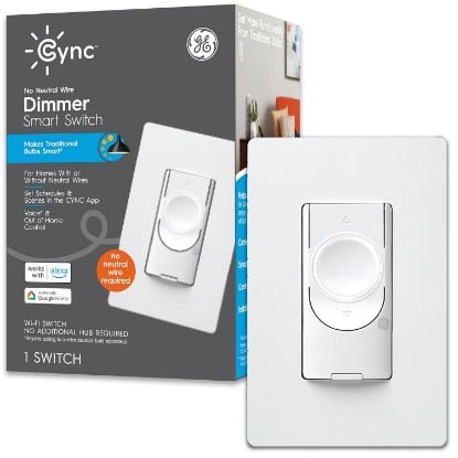 Picture of GE CYNC Smart Dimmer Light Switch, No Neutral Wire Required, Bluetooth and 2.4 GHz WiFi 3-Wire Switch, Works with Amazon Alexa and Google Home, White (1 Pack)