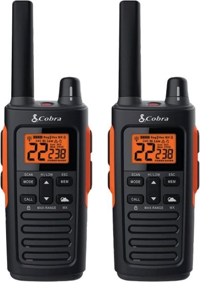 Picture of Cobra RX680 Waterproof Walkie Talkies for Adults - Rechargeable, 60 Preset Channels, Long Range 38-Mile Two-Way Radio Set (2-Pack),Black and Orange