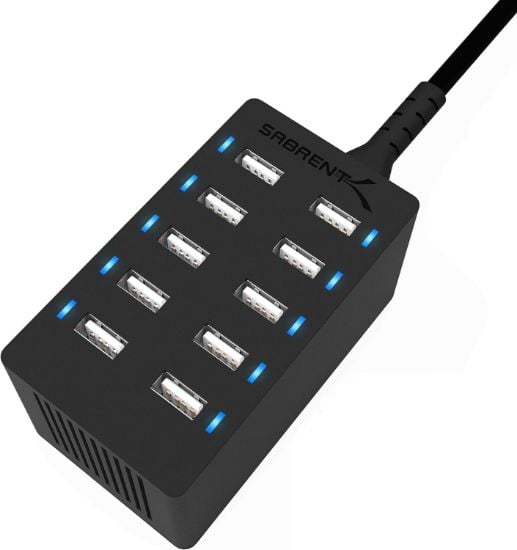 Picture of SABRENT 60 Watt (12 Amp) 10 Port [UL Certified] Family Sized Desktop USB Rapid Charger. Smart USB Ports with Auto Detect Technology [Black] (AX-TPCS)