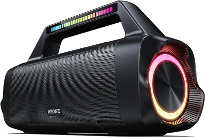 Picture of AKONE Portable Bluetooth Outdoor Speaker: 80W Loud Sound Wireless Durable Large Bocina with Lights Powerful Deep Bass Subwoofer TWS Stereo Sound Big Boombox Waterproof for Party Beach Camping Garage