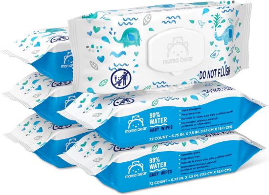 Picture of Amazon Brand - Mama Bear 99% Water Baby Wipes, Hypoallergenic, Fragrance Free, 432 Count (6 Packs of 72)